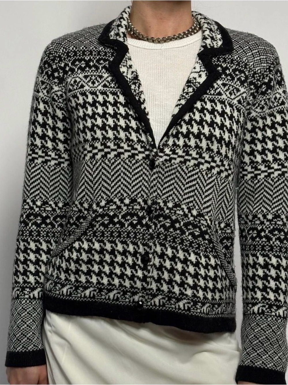 Coldwater Creek Wool Blend Button Down Cardigan Sweater Black & White Medium